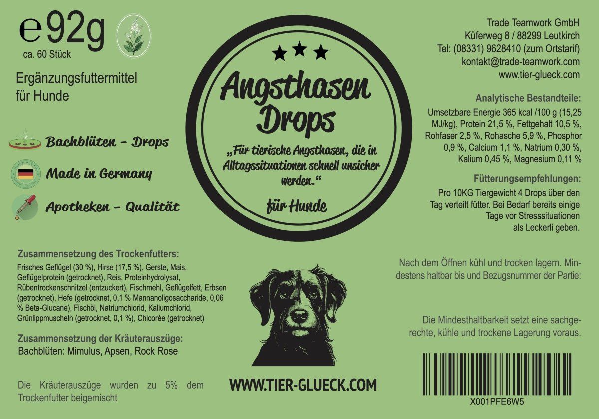 Etikett mit Produktinformationen. Aufdruck: Angsthasen Drops, Bachblüten, für Hunde. Inhaltsstoffe, Fütterungsempfehlung, Hersteller.