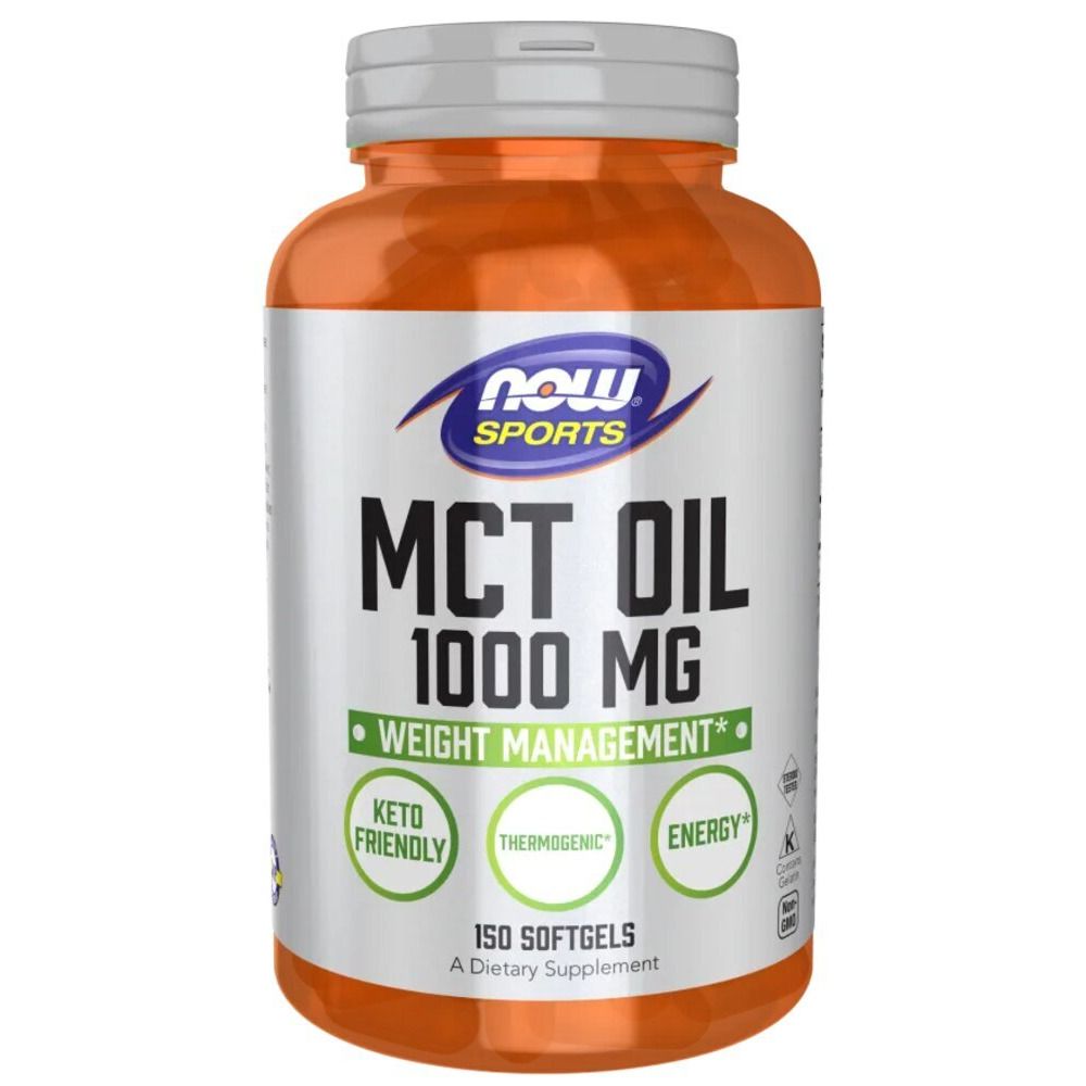 Eine Flasche mit MCT-Öl-Kapseln. Aufschrift: Now Sports, MCT Oil 1000 mg, Weight Management, Keto Friendly, Thermogenic, Energy. 150 Softgels.