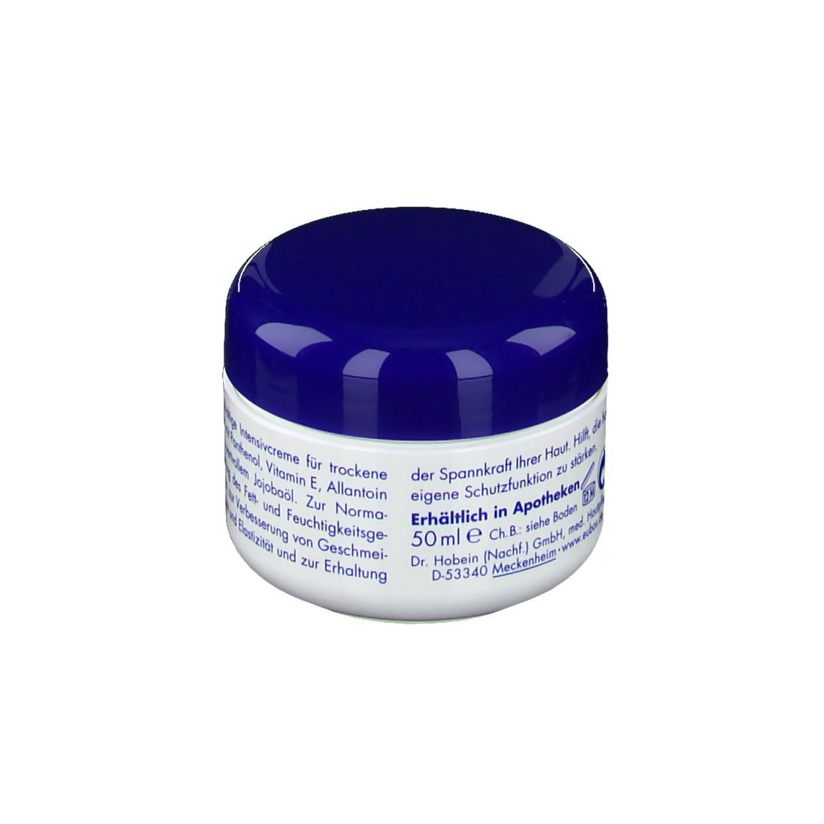 Creme-Dose mit blauem Deckel. Aufschrift: Intensivcreme für trockene Haut. Text und Logo auf dem weißen Behälter.