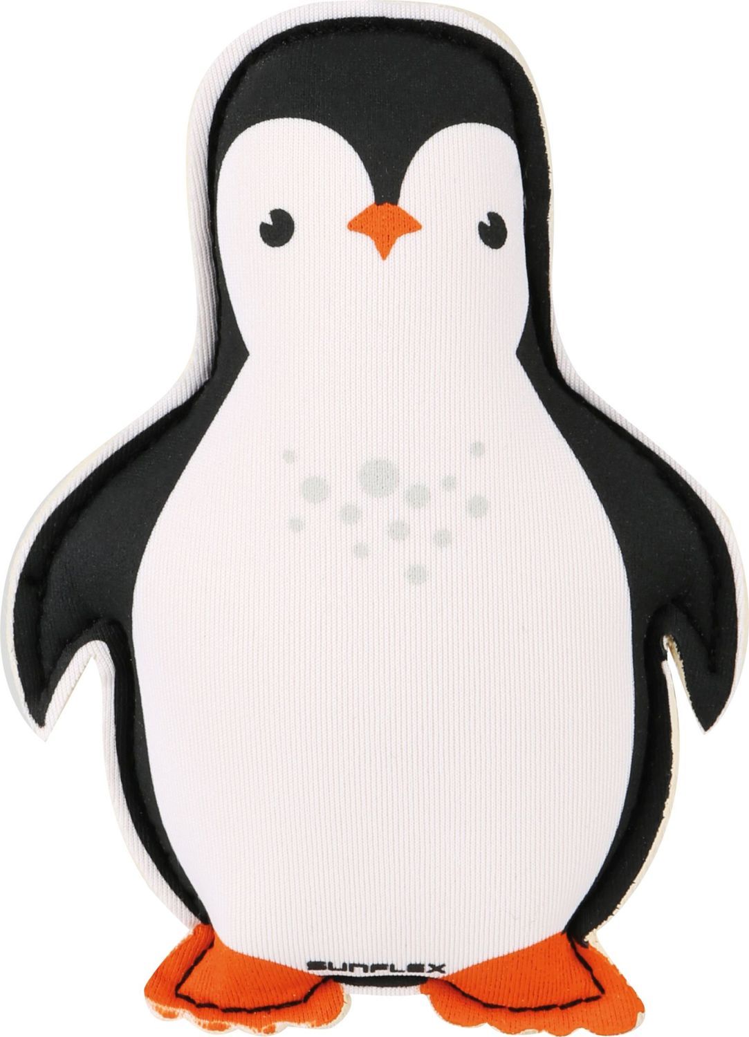 Pinguin aus Stoff. Schwarz-weiß. Orange Füße und Schnabel. Aufschrift: Sunflex. Weiche Form.