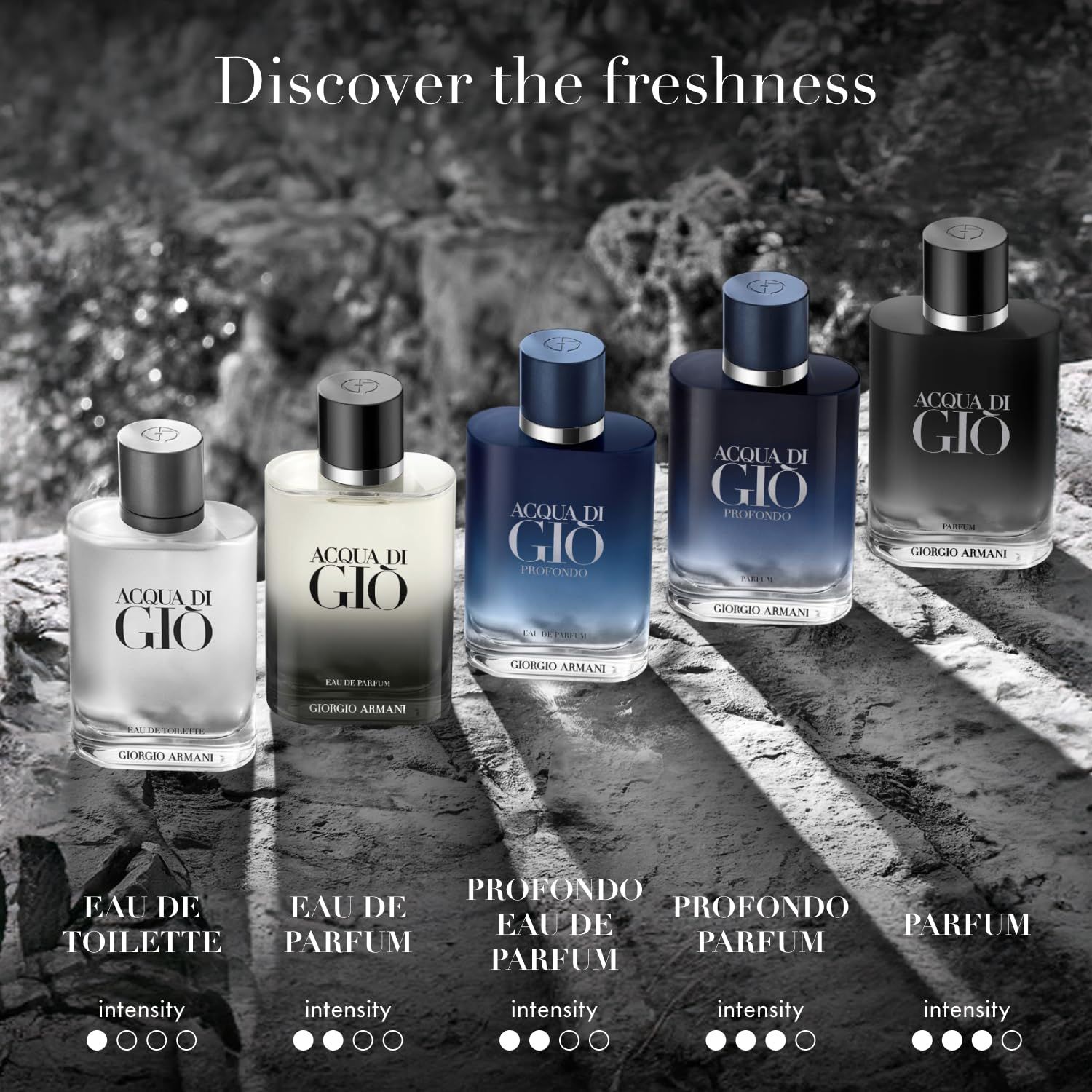 Fünf Parfumflakons. Acqua di Giò, Giorgio Armani. Eau de Toilette, Eau de Parfum, Profondo Eau de Parfum, Profondo Parfum.