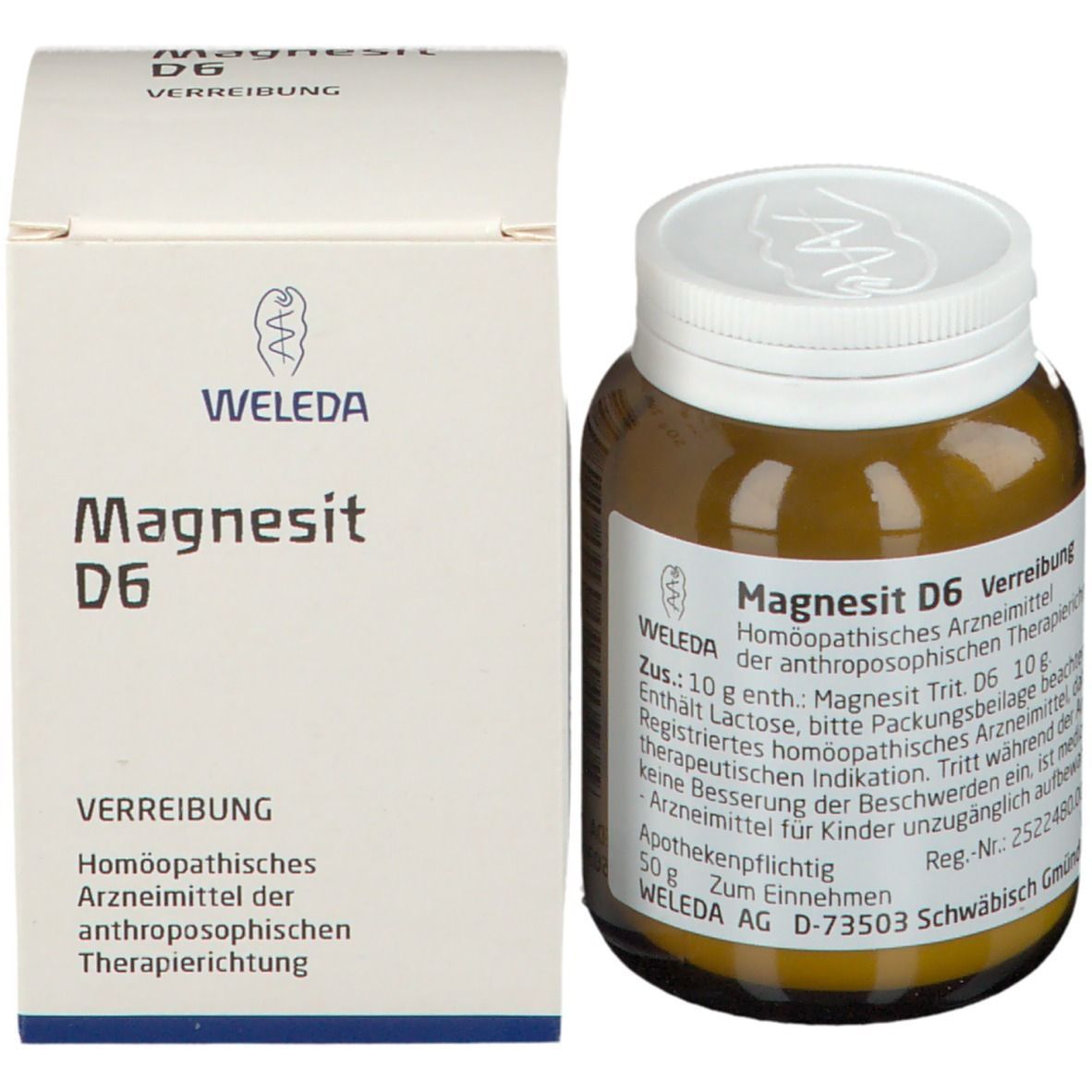 Braune Glasflasche und Karton. Aufschrift: Magnesit D6 Verreibung, WELEDA. Homöopathisches Arzneimittel.