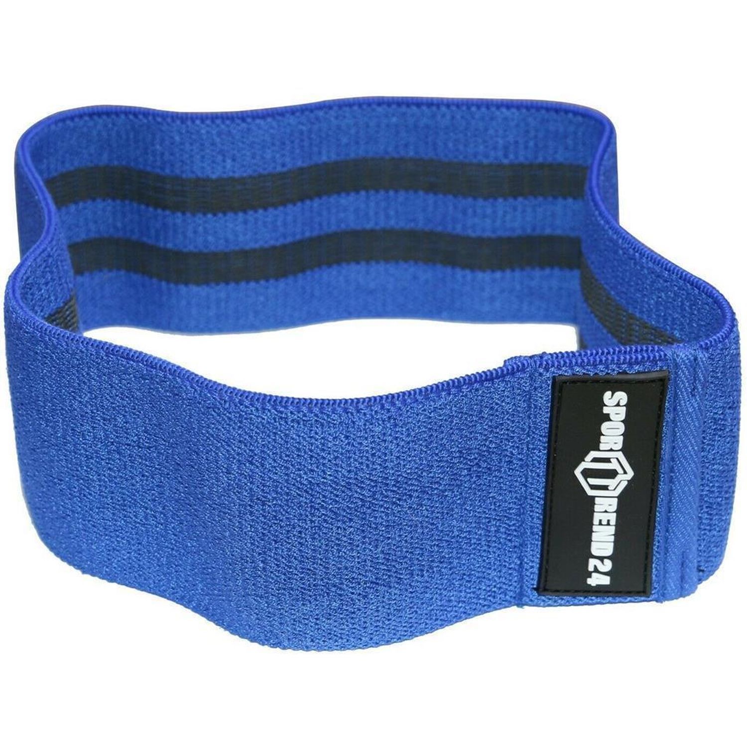 Blaues Loop Band mit schwarzen Streifen. Schwarzer Logo-Patch: SPORTTREND 24. Fitness-Zubehör.