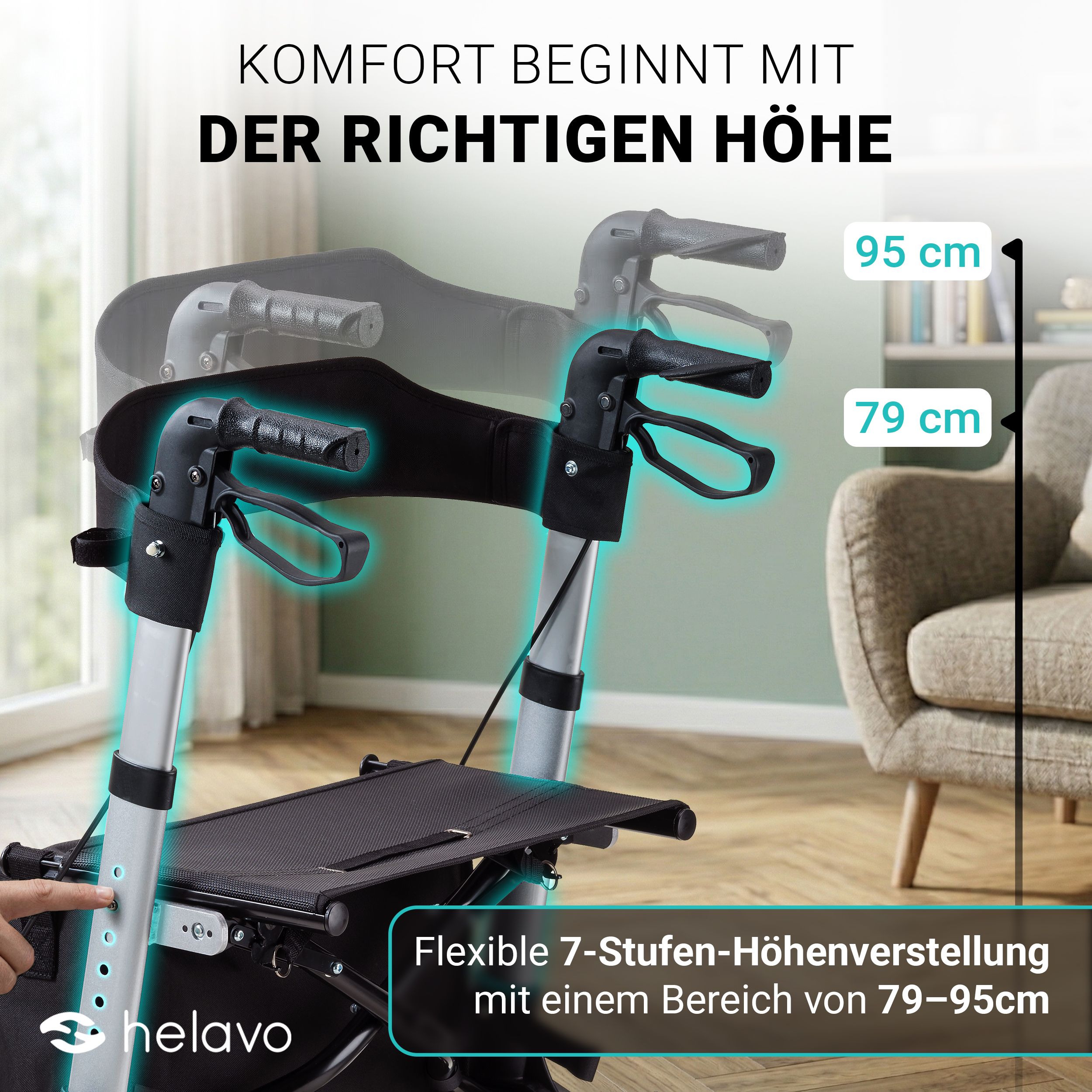 Helavo Aluminium Rollator faltbar mit Sitzfläche und Reisetasche leicht 8,3kg