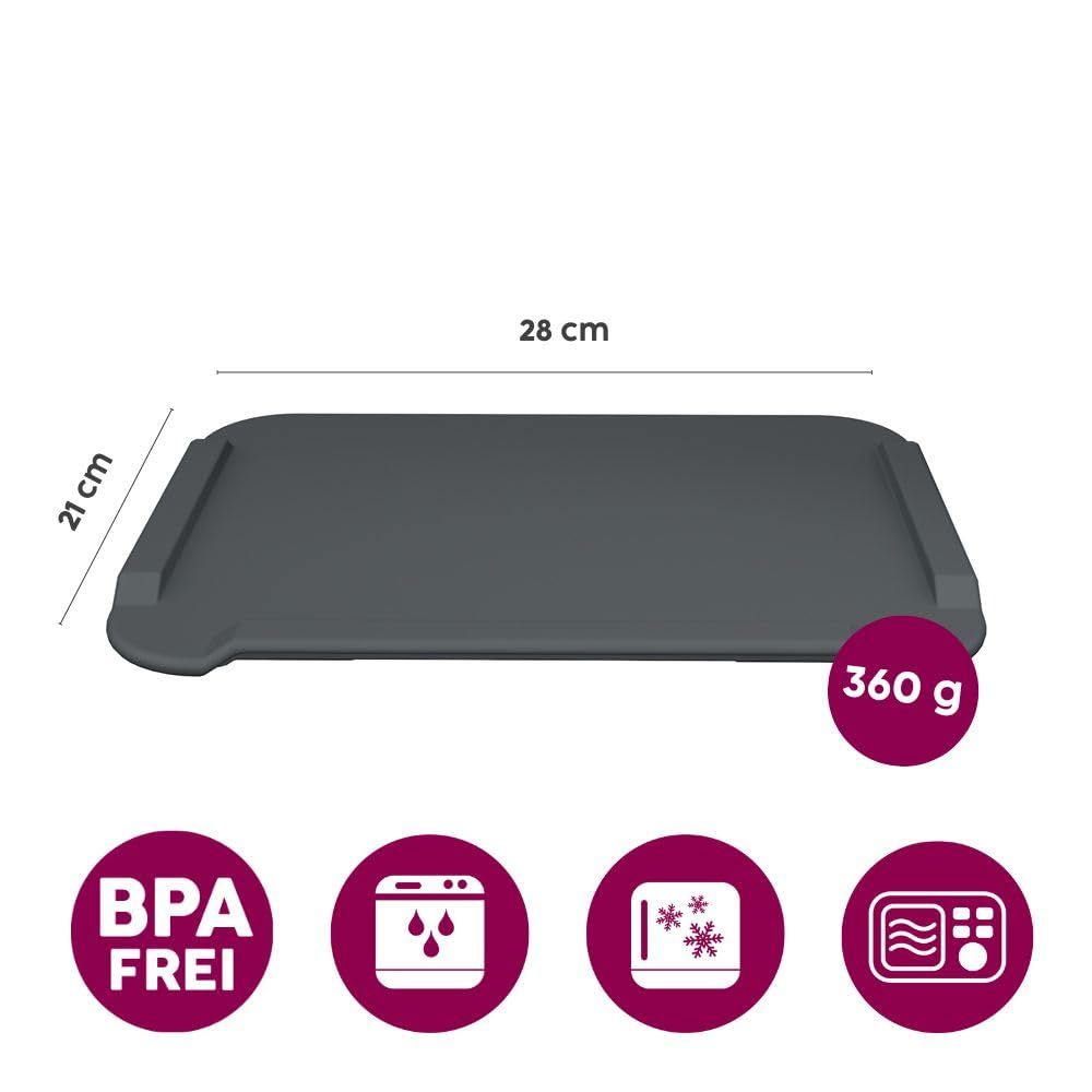 Graues Essbrettchen mit Maßen: 28 cm x 21 cm. Gewicht: 360 g. Mit BPA-frei-Siegel und Symbolen für Spülmaschine, Gefrierschrank und Mikrowelle.