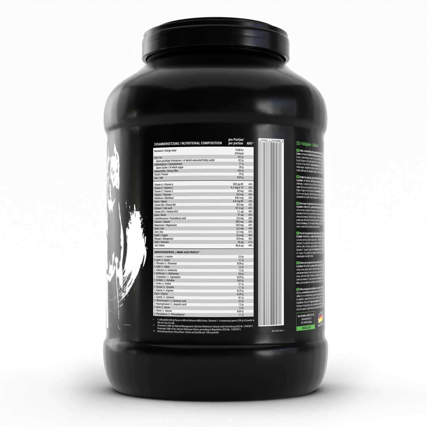 Rückseite des schwarzen ZEC+ BULL GAINER Behälters. Nährwertangaben und Barcode sind sichtbar. Text in mehreren Sprachen.