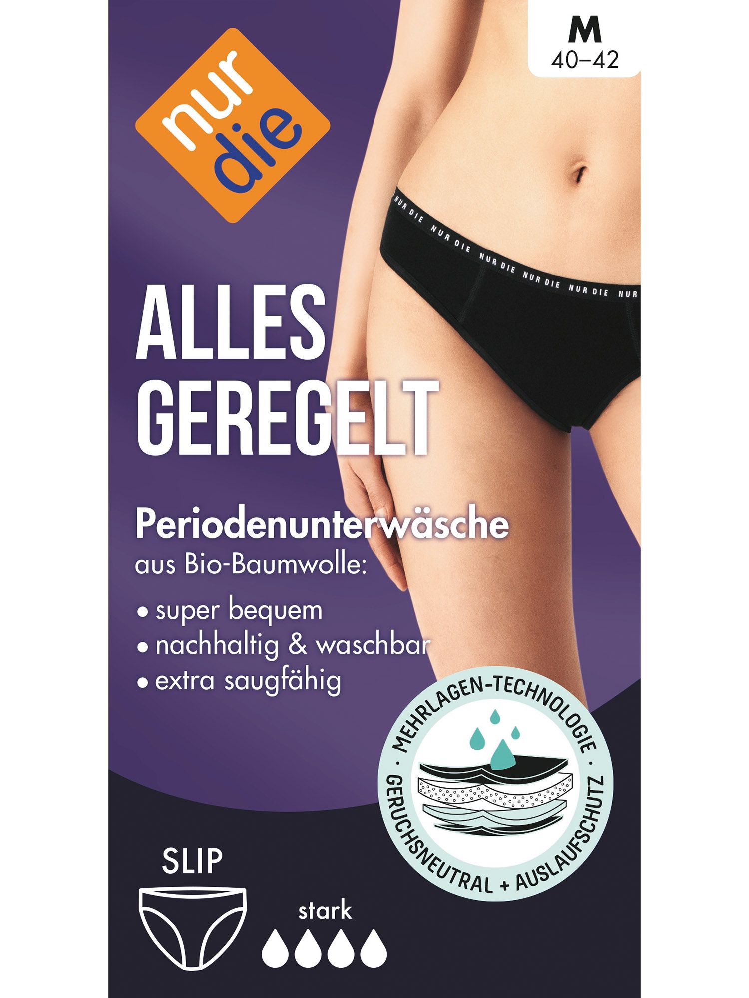 Schwarzer Slip mit Logo-Bund. Verpackung mit Produktinformationen: Periodenunterwäsche, Größe 40-42, aus Bio-Baumwolle, extra saugfähig.