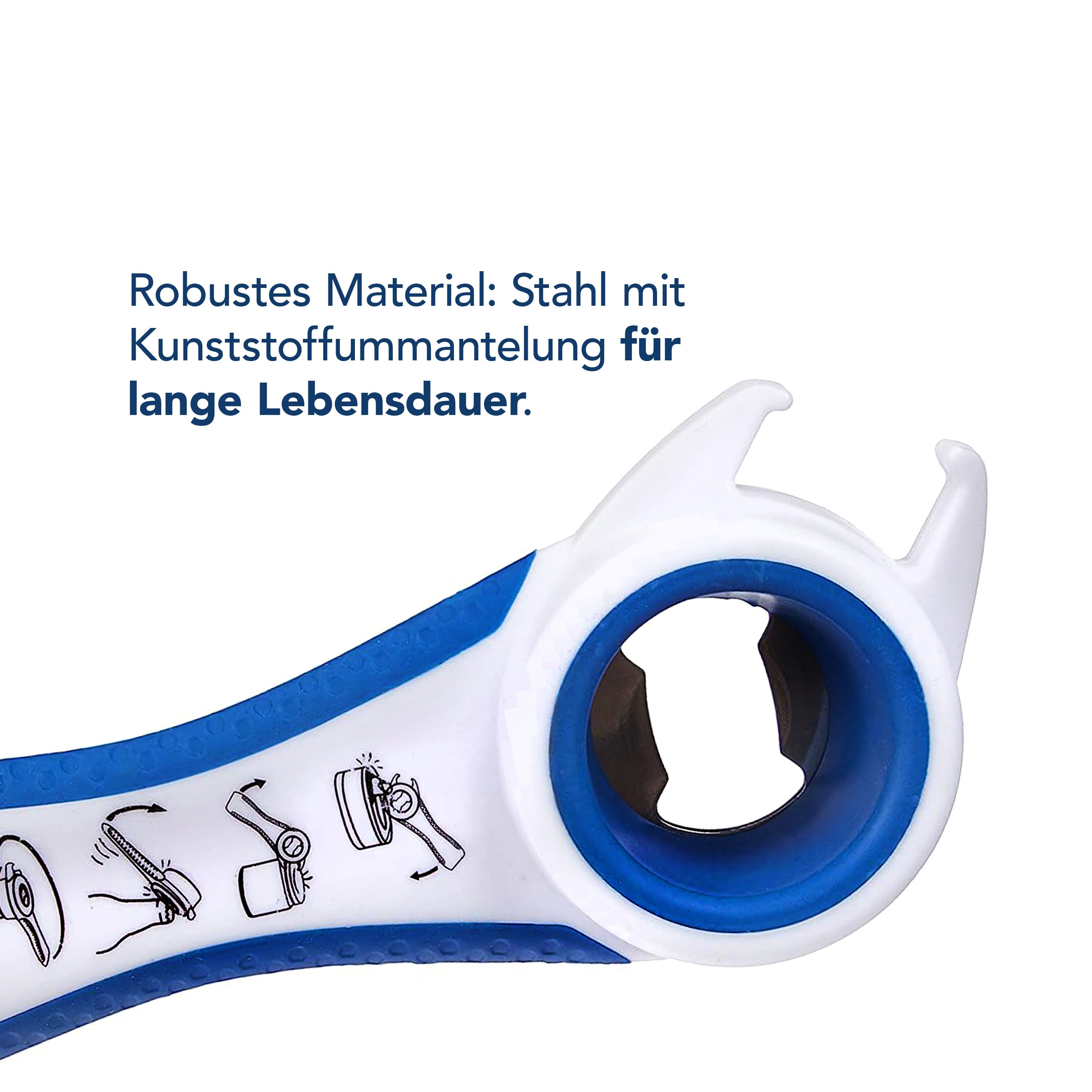 Nahaufnahme eines weiß-blauen 5-in-1-Multi-Öffners. Text: Robustes Material: Stahl mit Kunststoffummantelung für lange Lebensdauer.