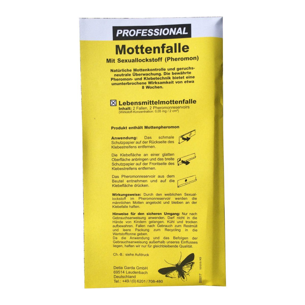 Gelbe Verpackung mit Produktinformationen. Text: Mottenfalle, Pheromon. Enthält 2 Fallen. Anwendungshinweise und Herstelleradresse.