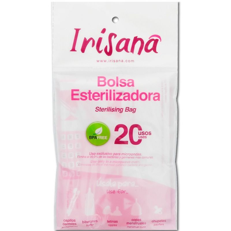 Verpackung mit der Aufschrift Irisana. Aufdruck: Bolsa Esterilizadora, Sterilising Bag, BPA Free. 20 Anwendungen.