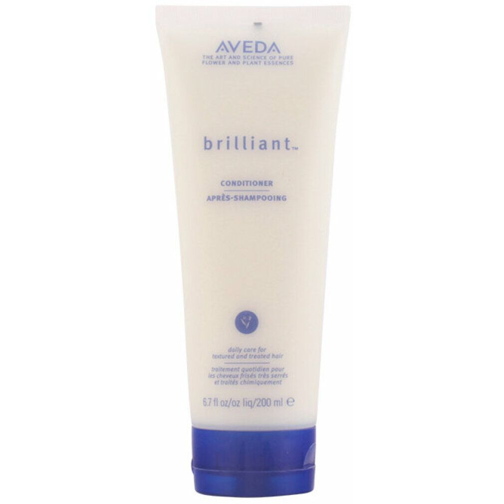 Aveda Balsamo Brillante Conditioner-Tube. Weißes Tube mit blauem Deckel. Aufschrift: Aveda, brilliant., Conditioner, daily care for...