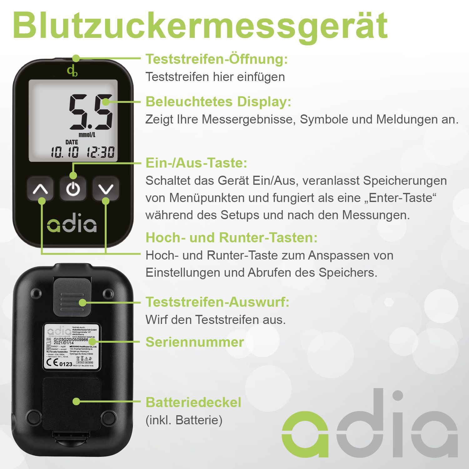 adia Set: Blutzuckermessgerät (mmol/L) + 110 Teststreifen