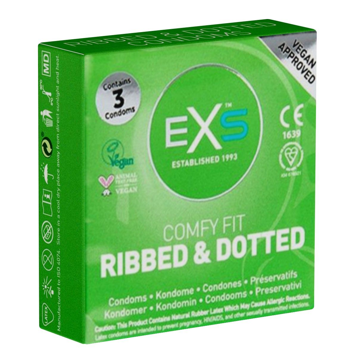 Boîte verte de préservatifs. Inscription: EXS, Ribbed & Dotted, 3 préservatifs, Vegan Approved, marquage CE.