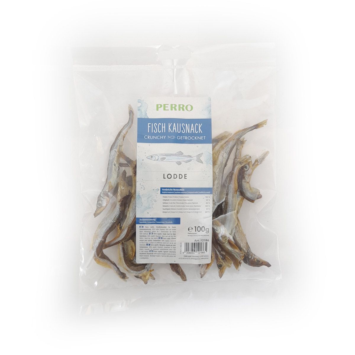Klarsichtbeutel mit getrockneten Fischen. Aufdruck: PERRO, Fisch Kausnack, Lodde, 100g.