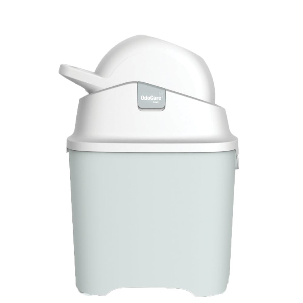 Pattumiera per pannolini Diaper Champ One, bianca e grigia. Contenitore rettangolare con coperchio e maniglia. Logo OdoCare.