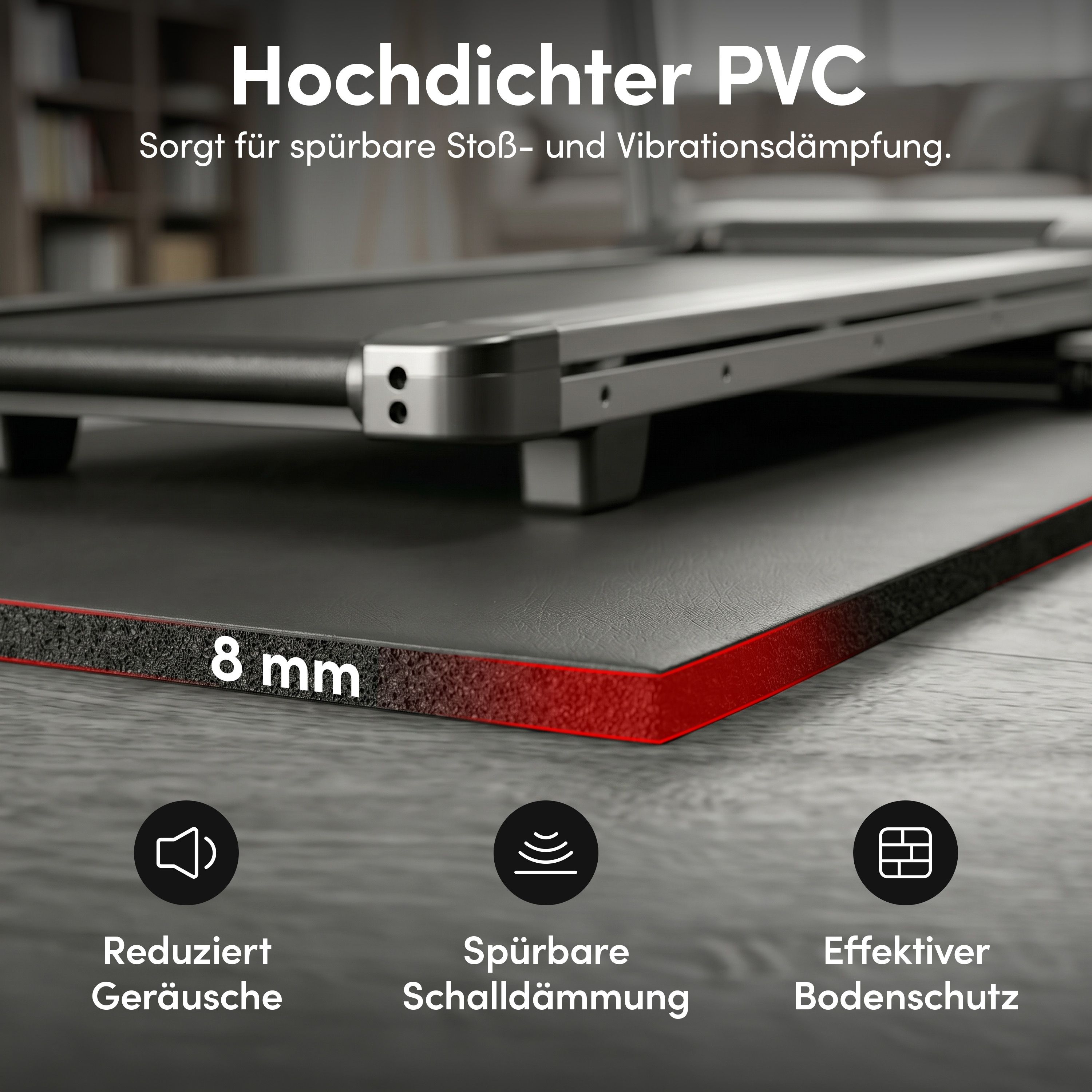 Nahaufnahme einer schwarzen Fitnessmatte mit rotem Rand. Text: Hochdichter PVC, 8 mm. Reduziert Geräusche, Schalldämmung, Bodenschutz.