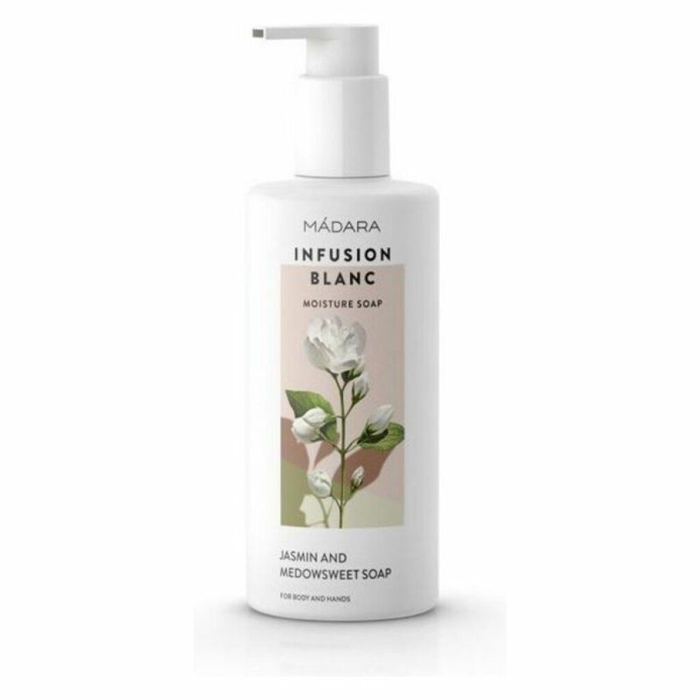 Weiße Flasche mit Pumpe. Aufschrift: MÁDARA, INFUSION BLANC, Moisture Soap. Abbildung: weiße Blume. Text: Jasmin und Mädesüß Seife.