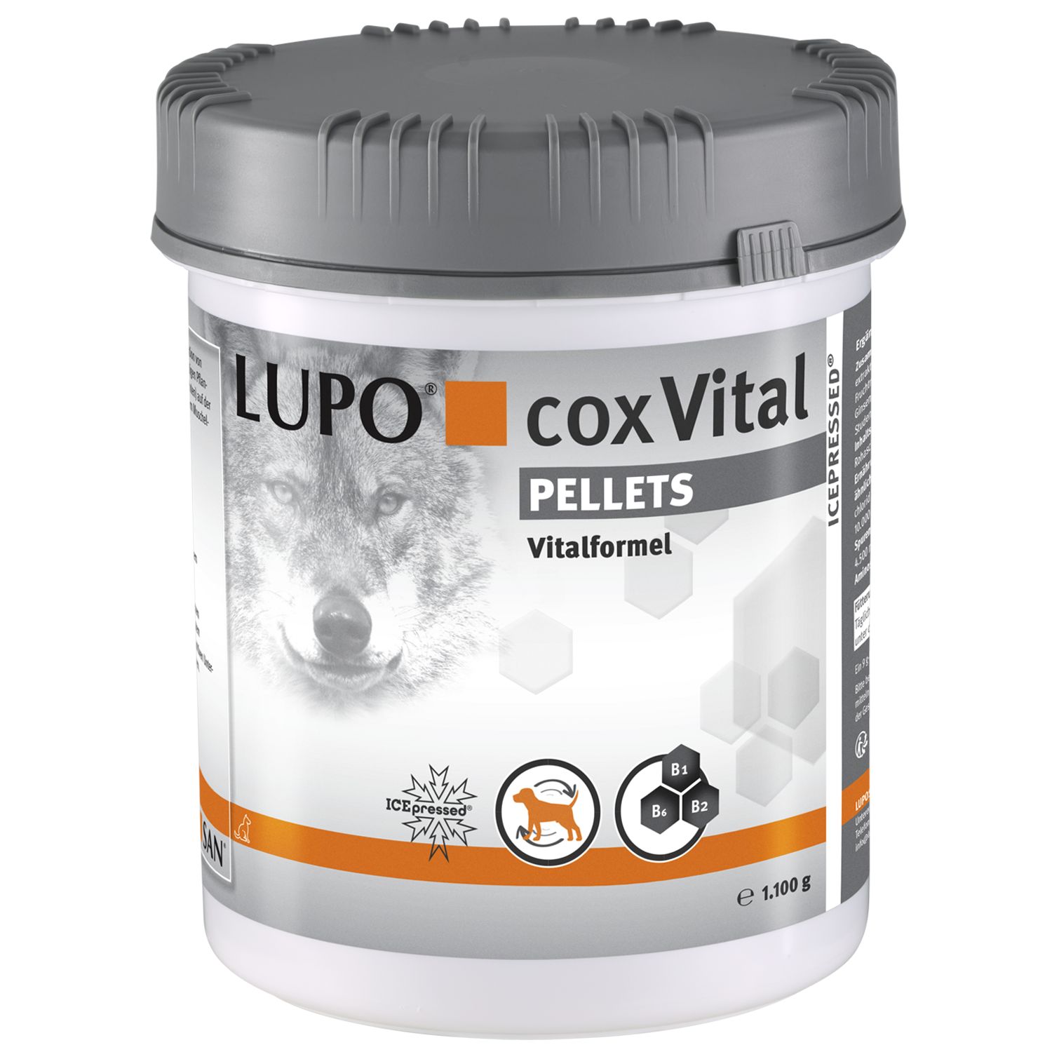 Weißer Behälter mit grauem Deckel. Aufschrift LUPO coxVital PELLETS. Wolf-Abbildung. ICEPRESSED-Logo. 1.100 g.