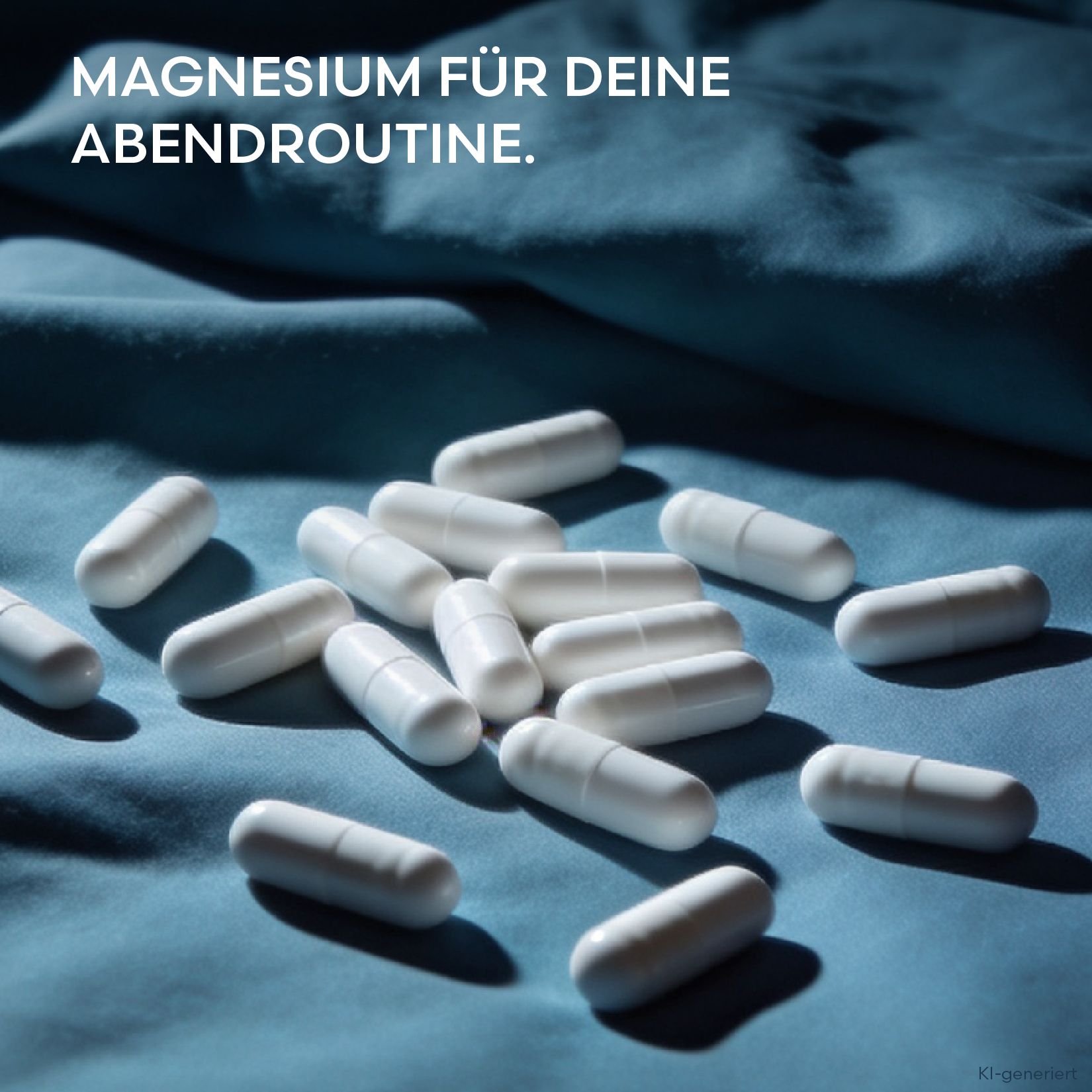 Weiße Kapseln auf blauem Stoff. Text: Magnesium für Ihre Abendroutine.
