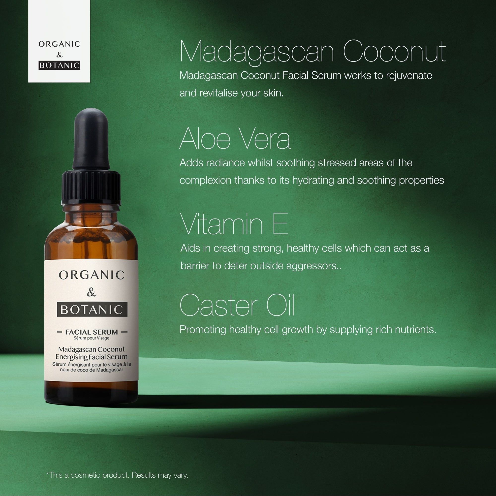 Produktflasche mit Pipette. Text: "Organic & Botanic". Hintergrund mit Inhaltsstoff-Informationen.