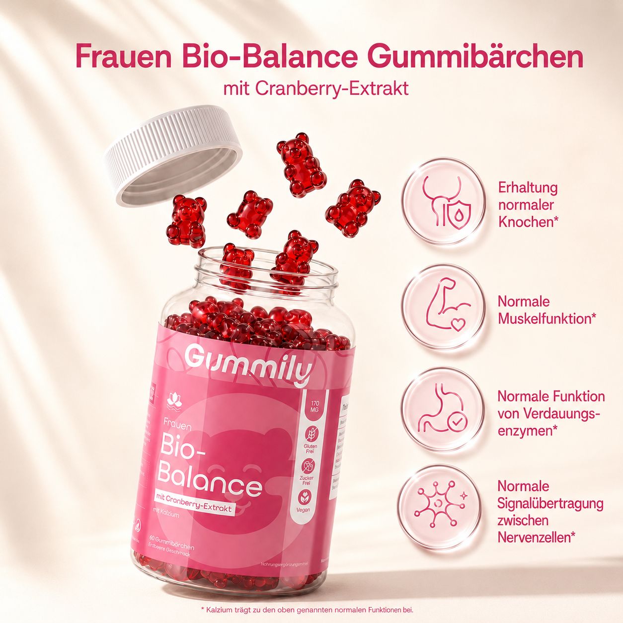 Gummily Frauen Bio-Balance Gummibärchen mit Cranberry-Extrakt, Knochen, Muskeln.