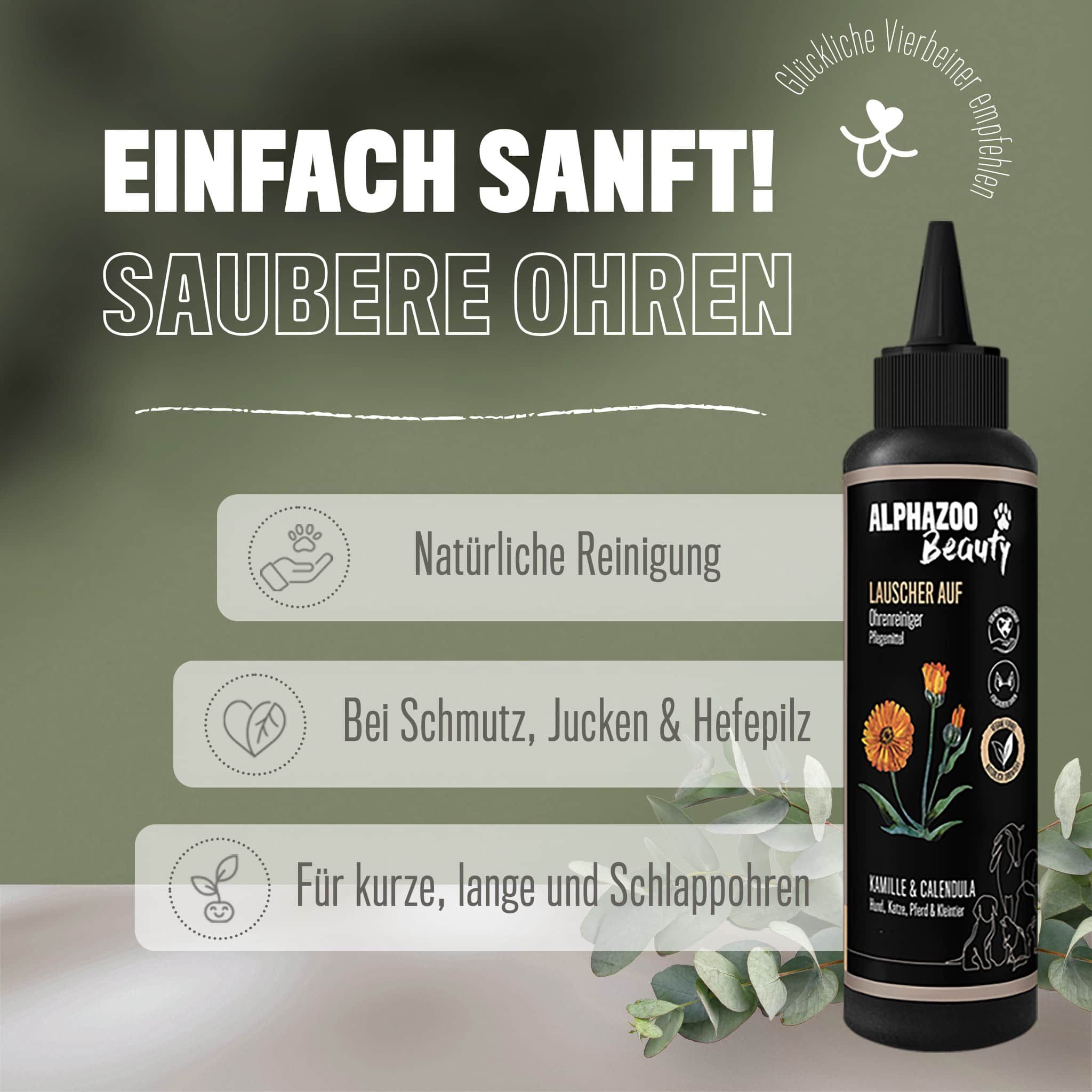 ALPHAZOO Lauscher-Auf Ohrenreiniger 200ml I Hunde & Katzen I Sanfter Ohrreiniger von Schmutz, Dreck