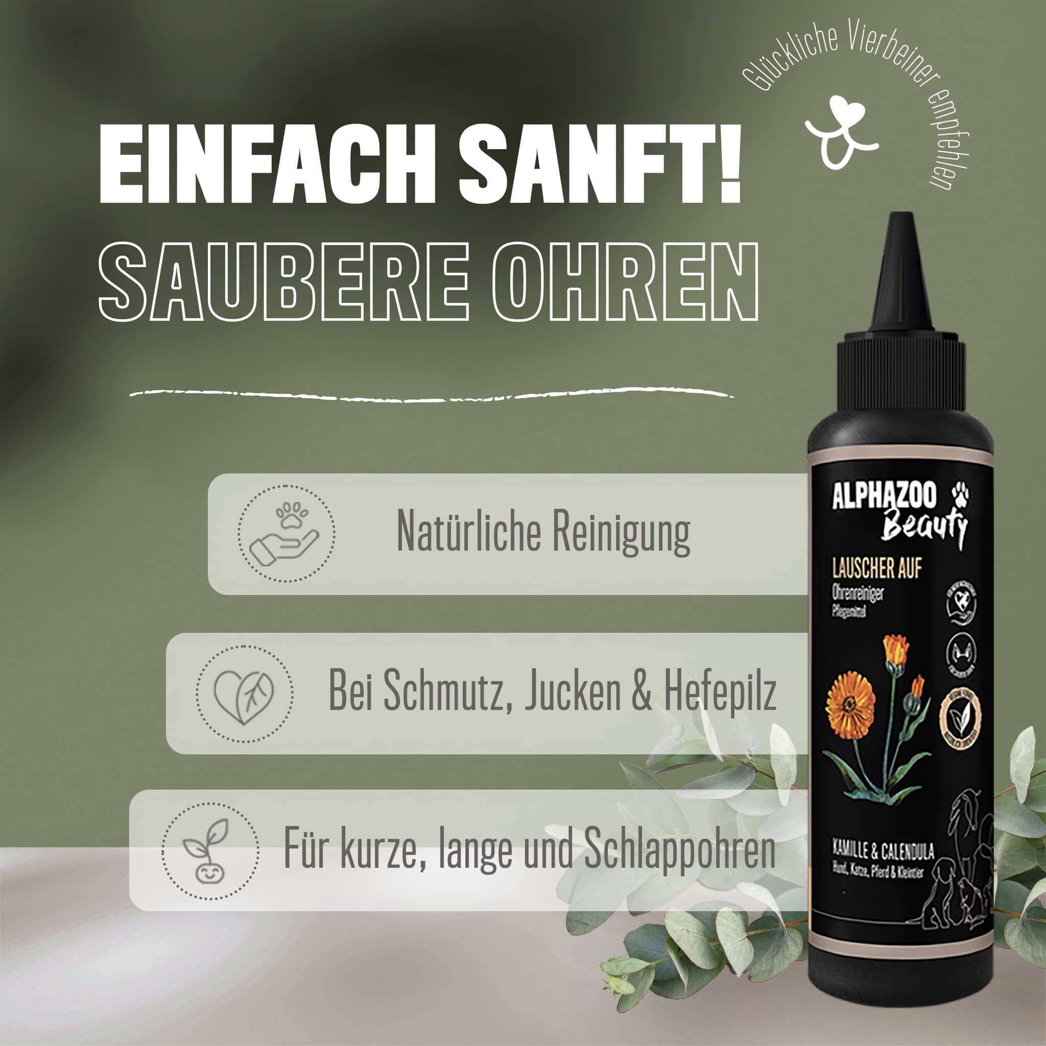 Alphazoo Lauscher-Auf Ohrenreiniger für Hunde & Katzen I Ohrenpflege mit Kamille 200 ml Flüssigkeit