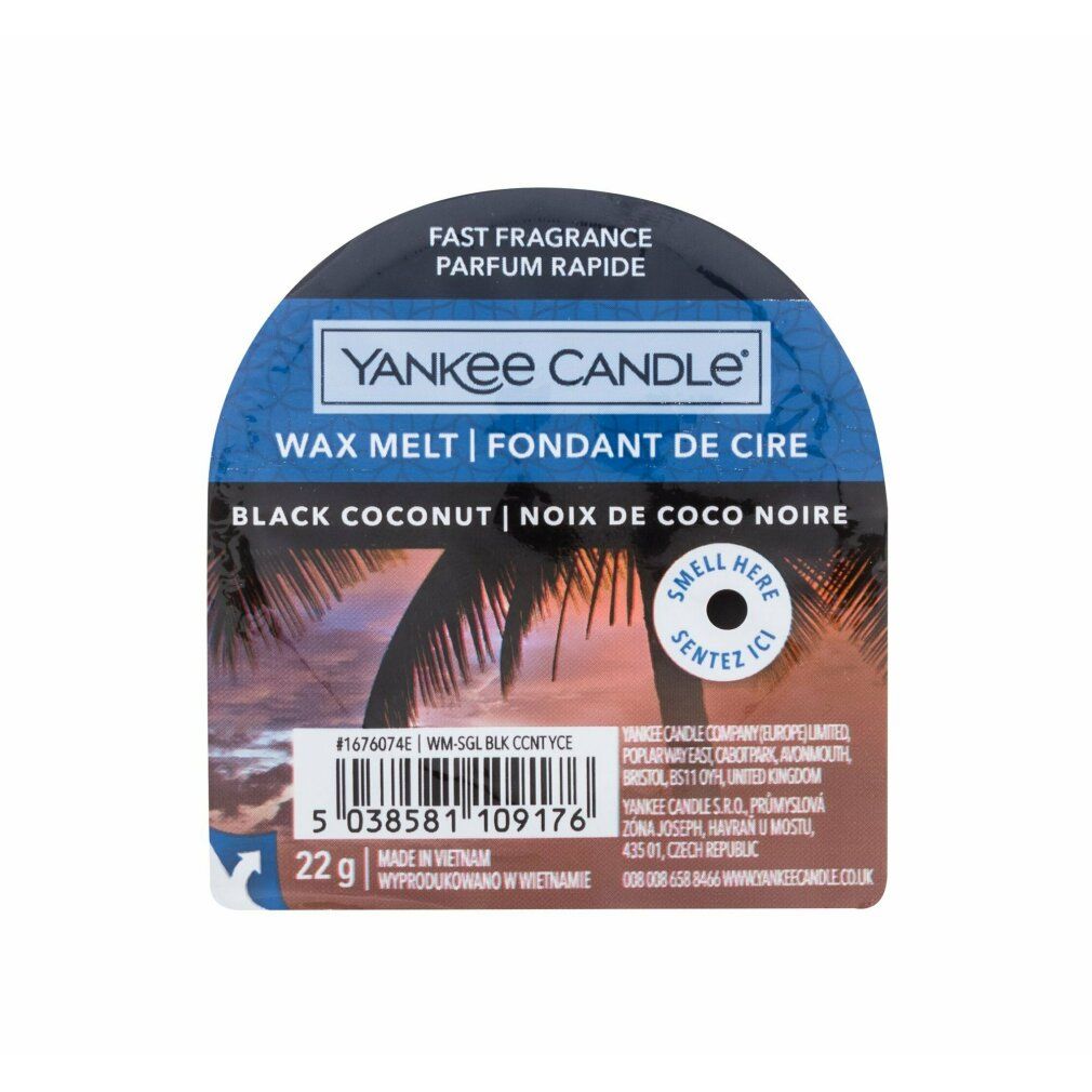 Yankee Candle Black Coconut Duftwachs-Verpackung. Produktinformationen, Logo und 22g-Gewichtsangabe.