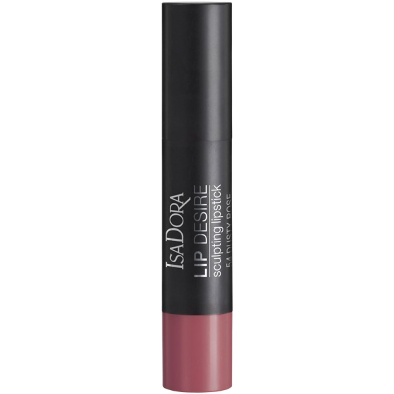 Lippenstift IsaDora Lip Desire, dunkelgrauer Stift mit rosafarbenem Lippenstift. Schriftzug und Produktbezeichnung.