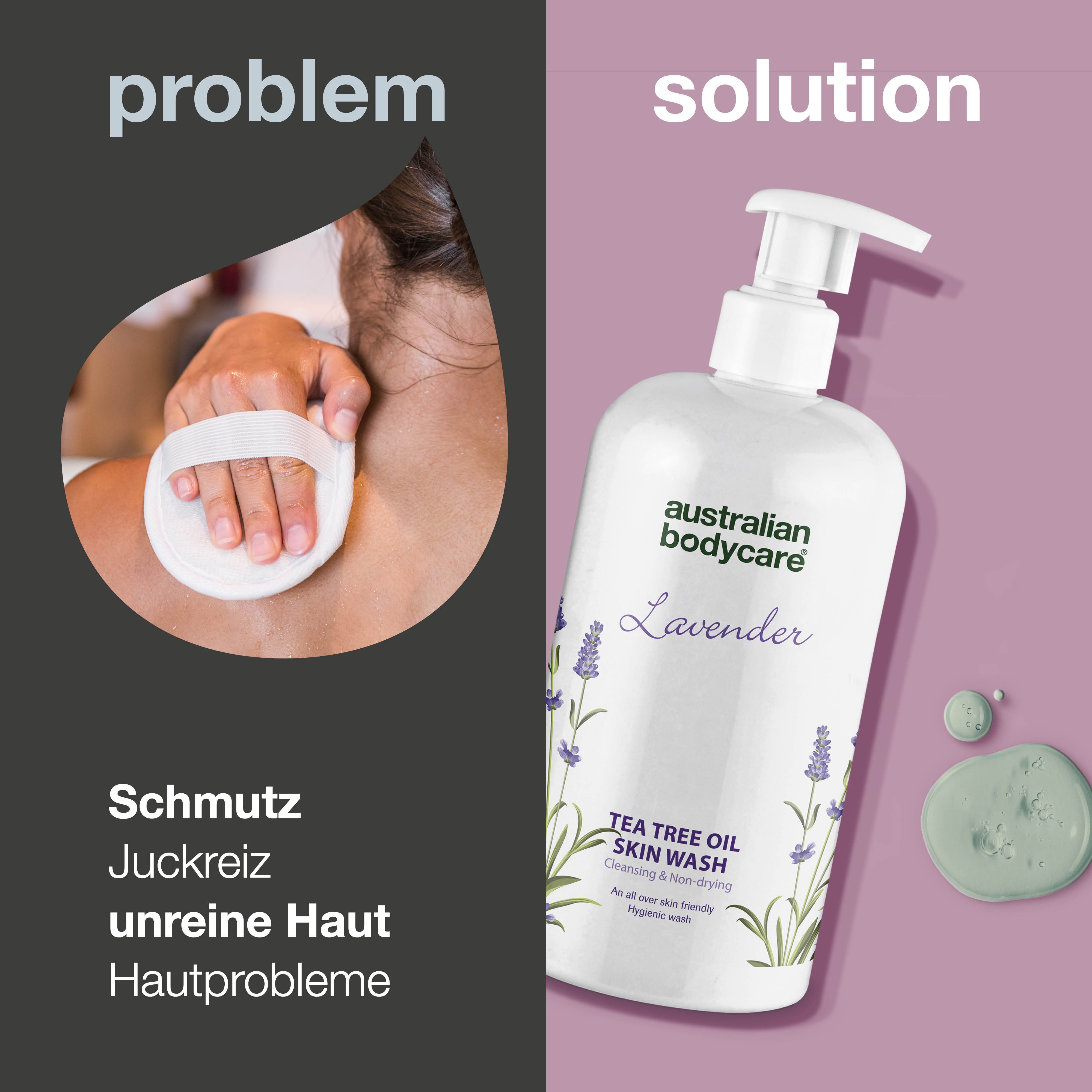 Vergleich: Problem (Hautprobleme) vs. Lösung (Duschgel). Flasche mit Pumpe, grüne Creme.