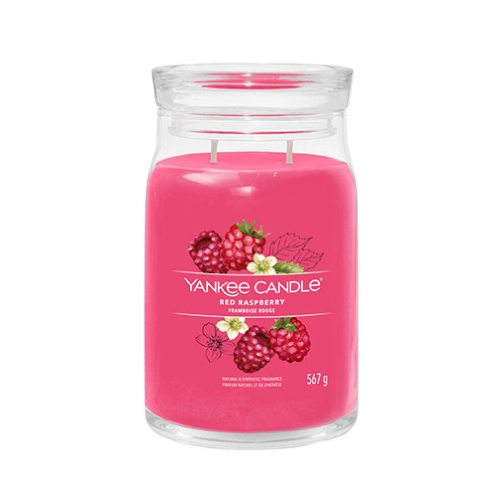Rote Duftkerze im Glas mit Deckel. Aufschrift "Red Raspberry". Abbildung von Himbeeren. Gewicht: 567 g.
