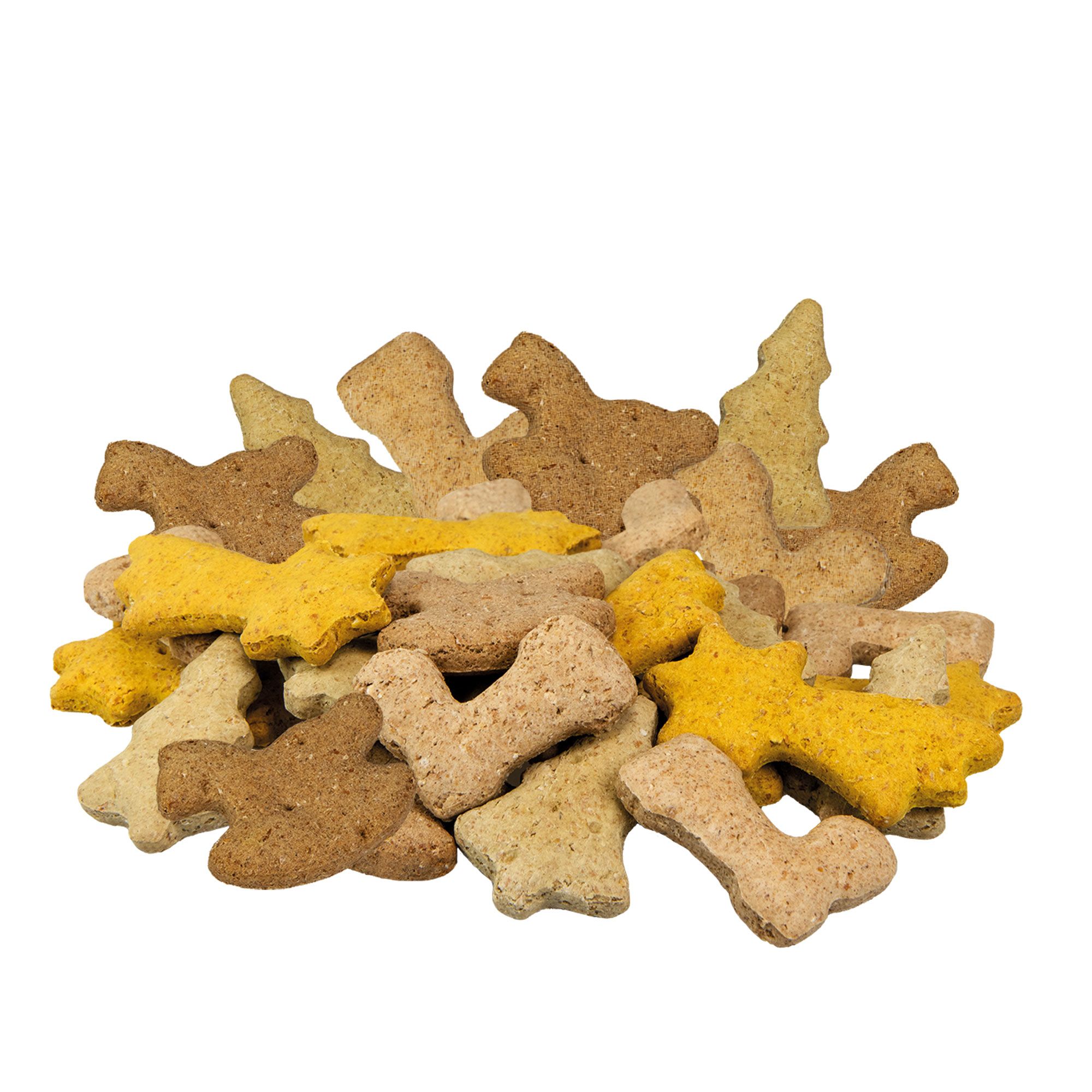 Hundekekse in verschiedenen Formen und Farben. Verschiedene Formen, darunter Knochen, Sterne und Tannenbäume.