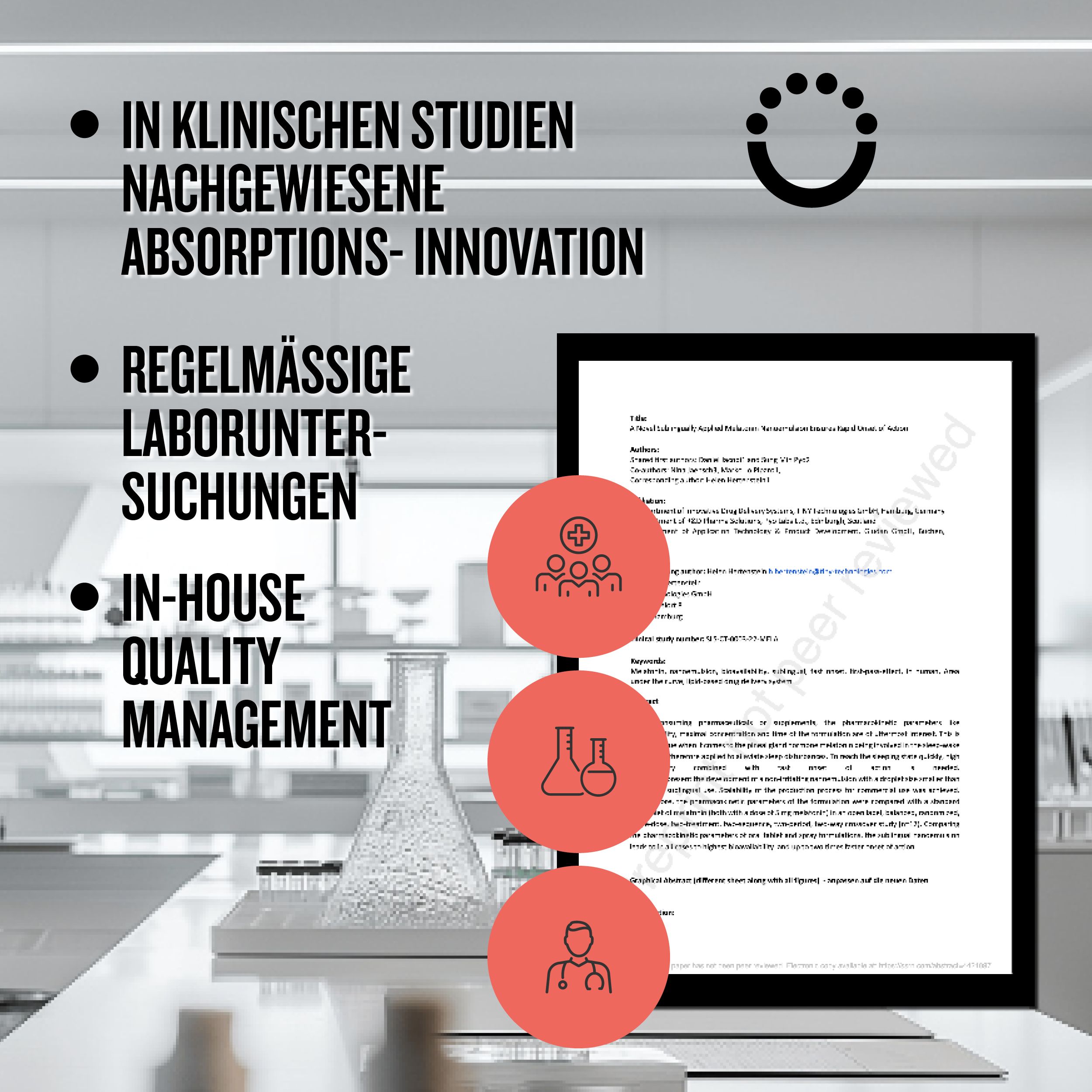 Laborumgebung. Text: Klinische Studien, regelmäßige Laboruntersuchungen, In-House Quality Management. Symbole: Team, Reagenzgläser, Arzt.