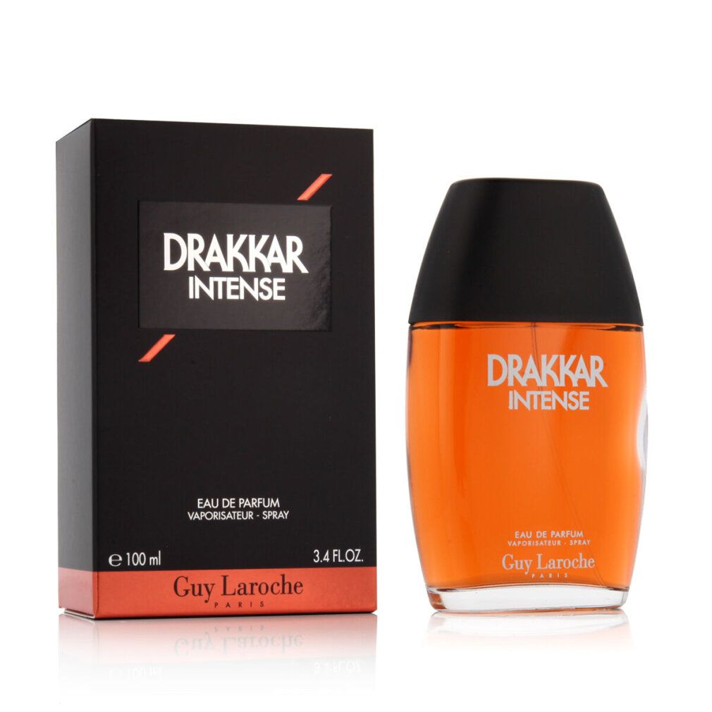 Drakkar Intense Eau de Parfum Spray. Flakon und Verpackung. Schwarzer Deckel, orange Flüssigkeit. 100 ml, 3.4 FL.OZ.