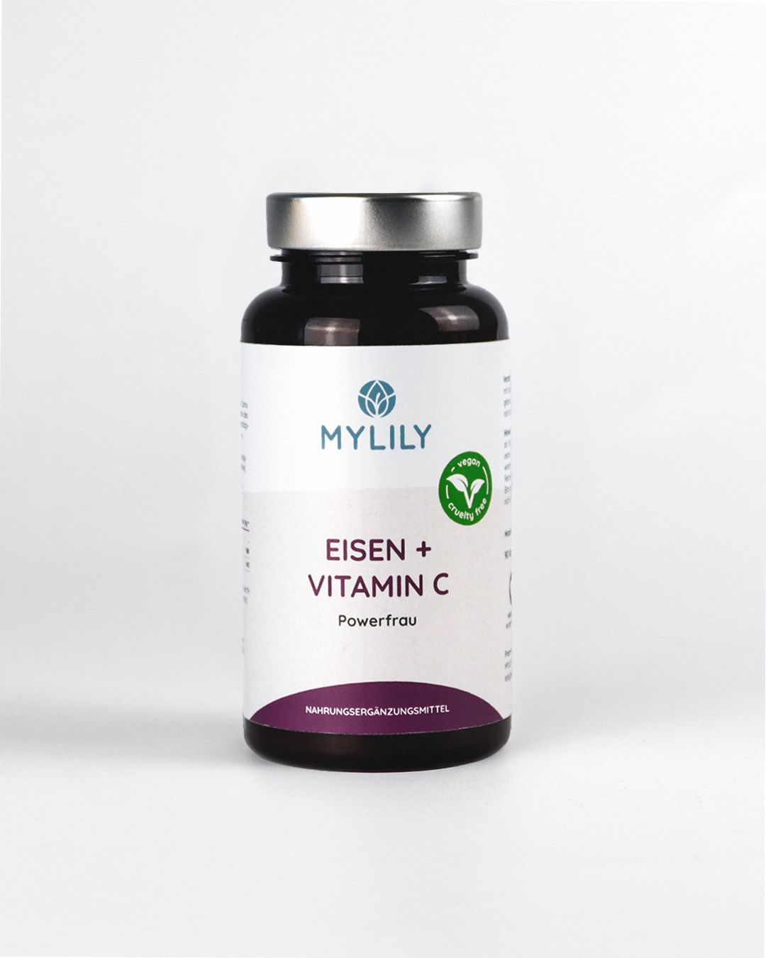 Braune Flasche mit Kapseln. Aufschrift: MYLILY, Eisen + Vitamin C, Powerfrau. Vegan-Siegel.