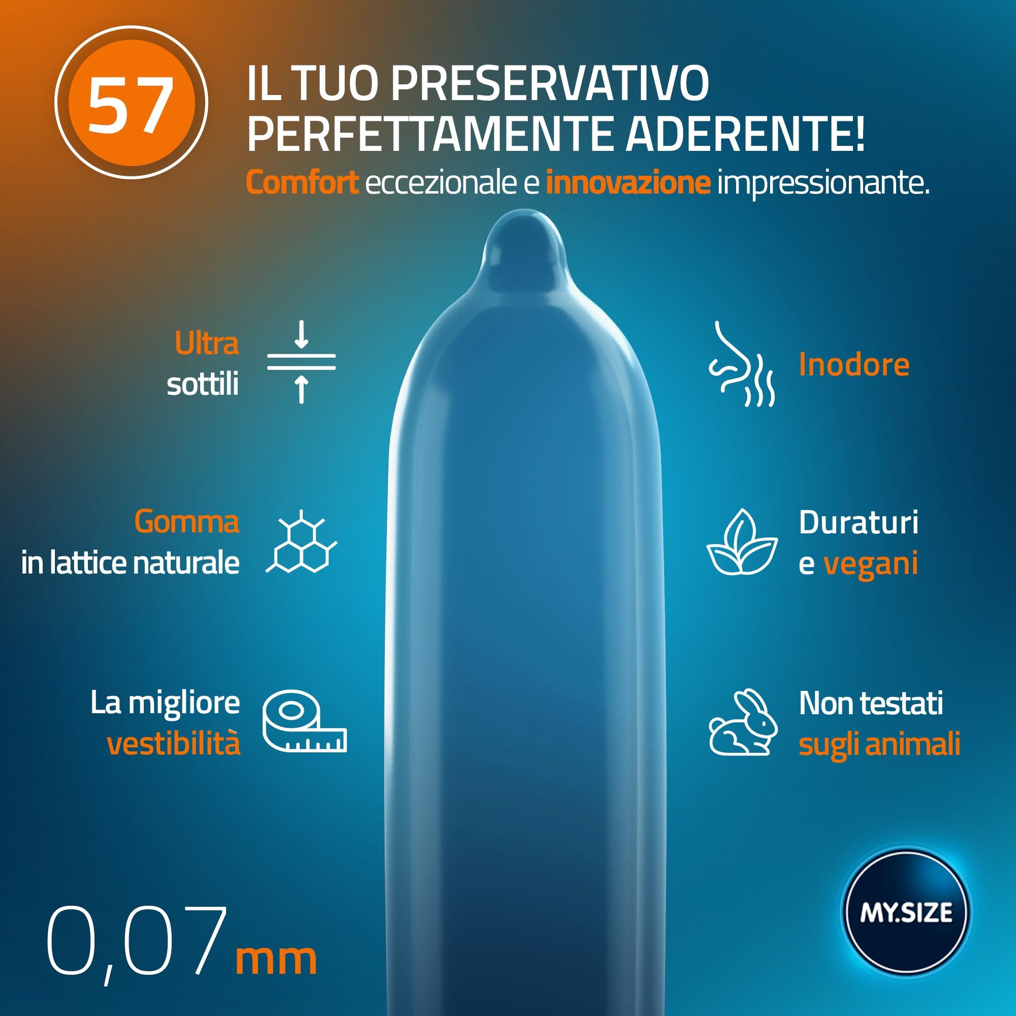 Ein blauer Latexkondom mit einer Dicke von 0,07 mm. Beschriftungen erwähnen: ultradünn, Naturkautschuk, gute Passform, geruchlos, langlebig, vegan, tierversuchsfrei.