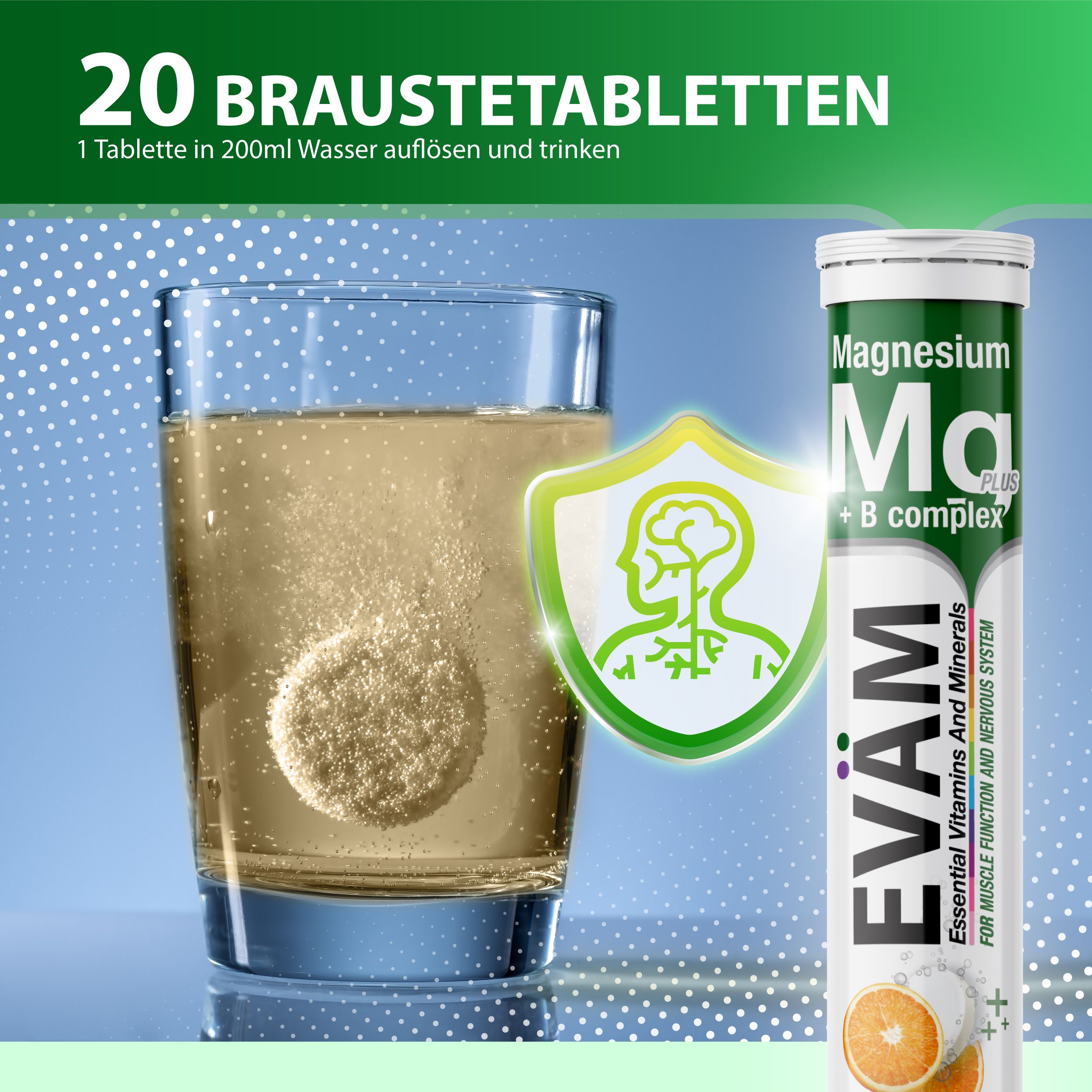 Brausetablette in Glas Wasser. EVÄM Magnesium + B-Komplex Tube. Enthält 20 Brausetabletten. Mit Orangengeschmack. Grün-weiße Verpackung.