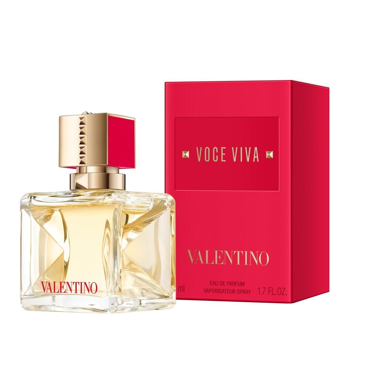 Valentino Voce Viva Parfum-Flakon und rote Verpackung. Aufschrift: Valentino. 50 ml, 1.7 FL. OZ.