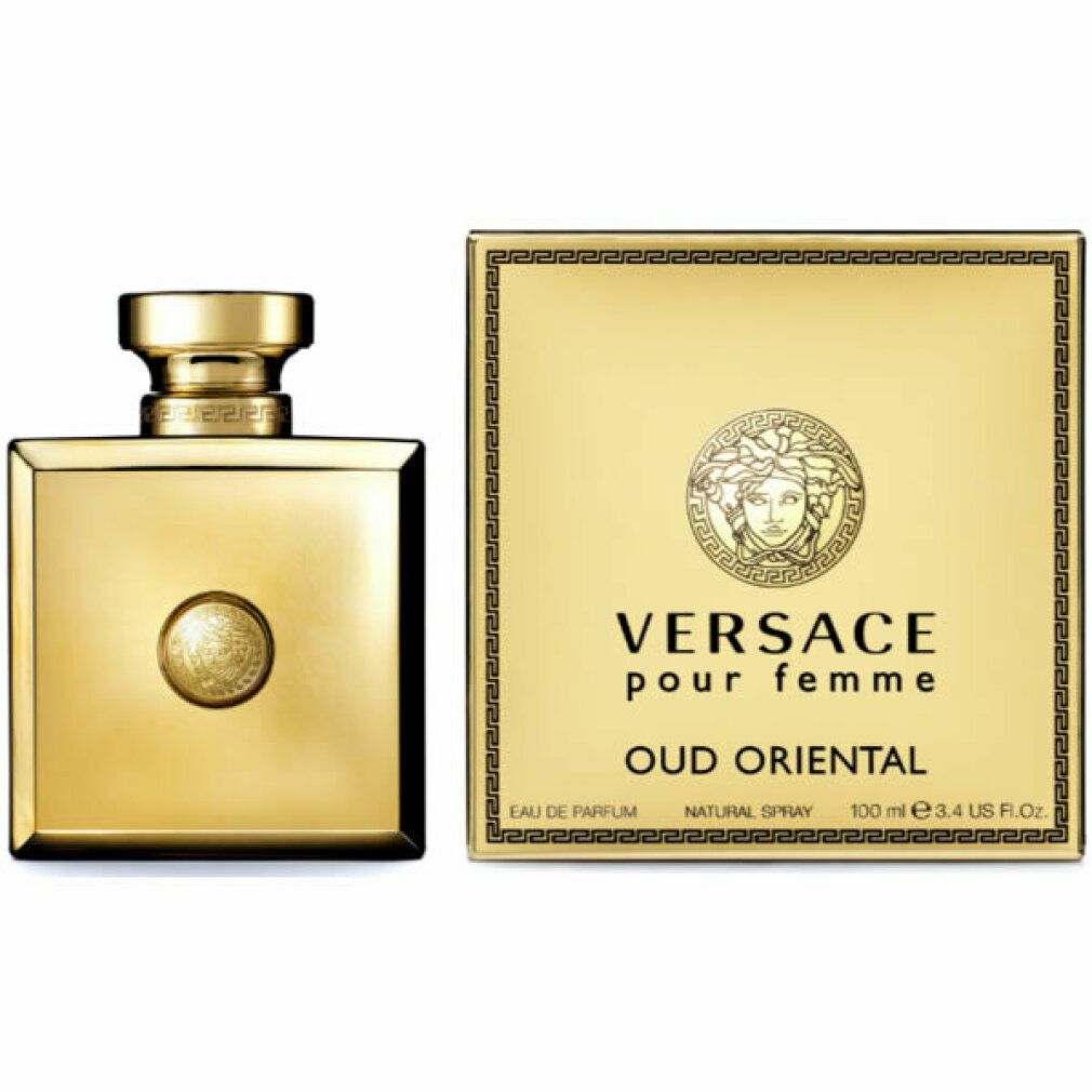 Goldfarbener Flakon und Verpackung. Auf der Verpackung steht: Versace Pour Femme Oud Oriental.