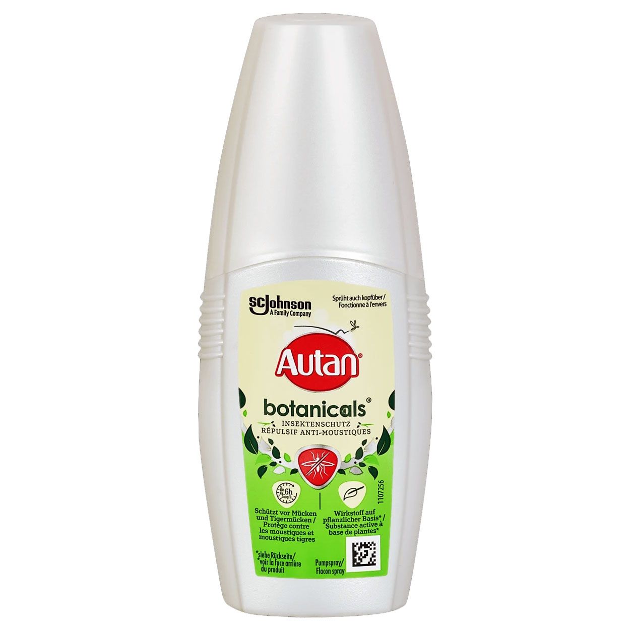 Weißes Pumpspray mit Etikett. Aufschrift: Autan botanicals Insektenschutz. Mit Logo und grünen Blättern.