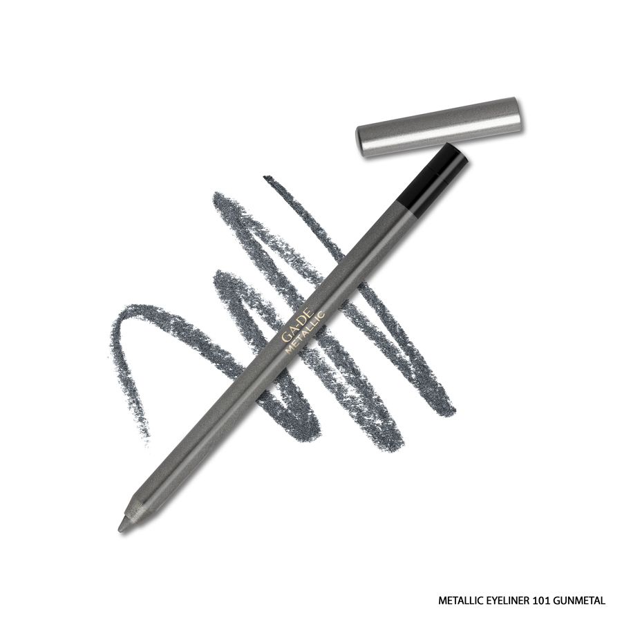 Ga-De Metallic Eyeliner mit geöffneter Kappe und Strich. Graue Mine. Produktname und Farbton 'Gunmetal' unten.