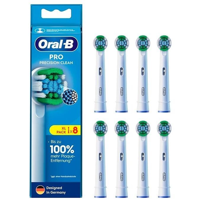 Oral-B PRO Precision Clean Aufsteckbürsten, 8 Stück. Weiße Bürstenköpfe mit grünen und blauen Borsten. Verpackung mit Logo und Text.