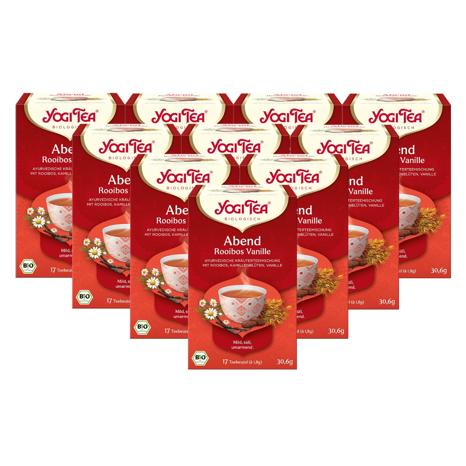 Mehrere Packungen Yogi Tea Abend Rooibos Vanille. Rote Verpackung mit Logo und Produktbezeichnung. Bio-Siegel.