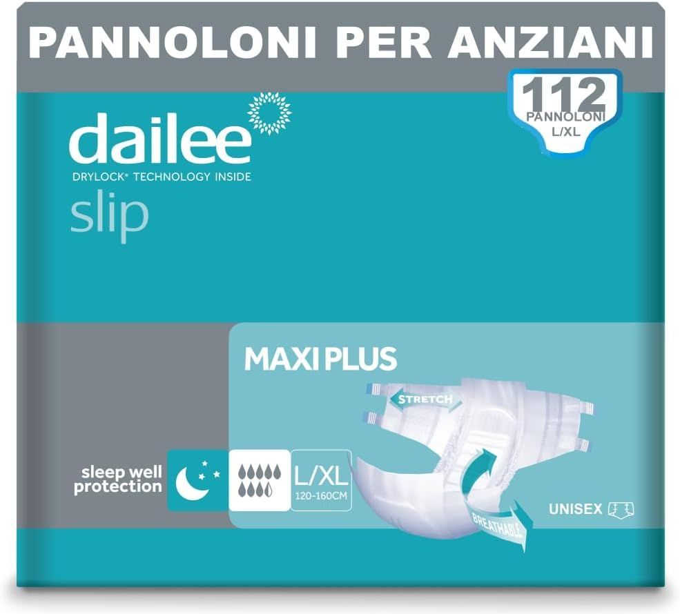Dailee Slip Maxi Plus Inkontinenz Windeln, L/XL, 120-160cm. Verpackung mit 112 Stück. Unisex. Blaue und graue Verpackung.