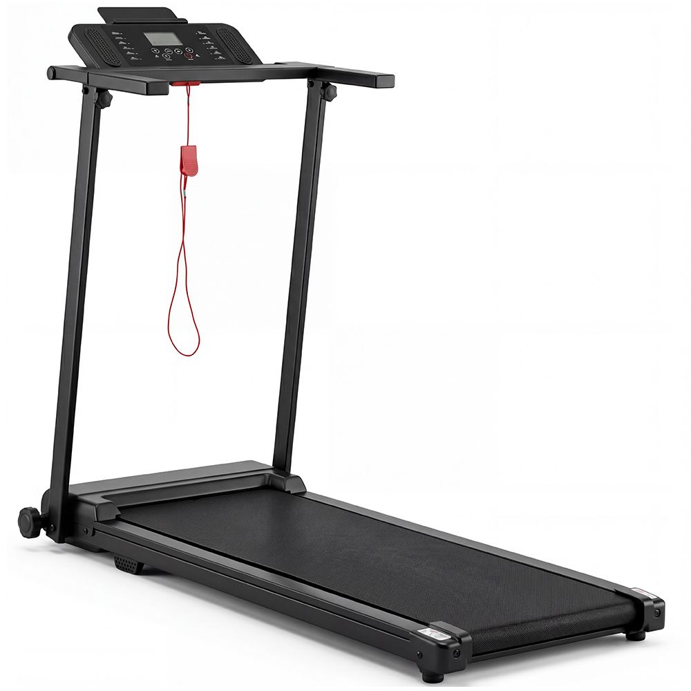 Schwarzes, zusammenklappbares Laufband. Konsole mit Display. Roter Sicherheitsclip.