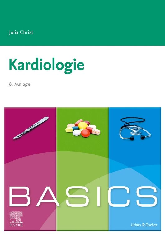 Buchcover BASICS Kardiologie. Titel und Autor sichtbar. Illustrationen: Skalpell, Tabletten, Stethoskop. Verlag Urban & Fischer, Elsevier.