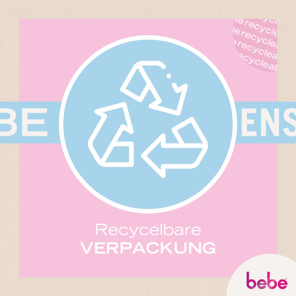 Blaues Icon mit Recycling-Symbol. Text: Recycelbare Verpackung. Marke: bebe.