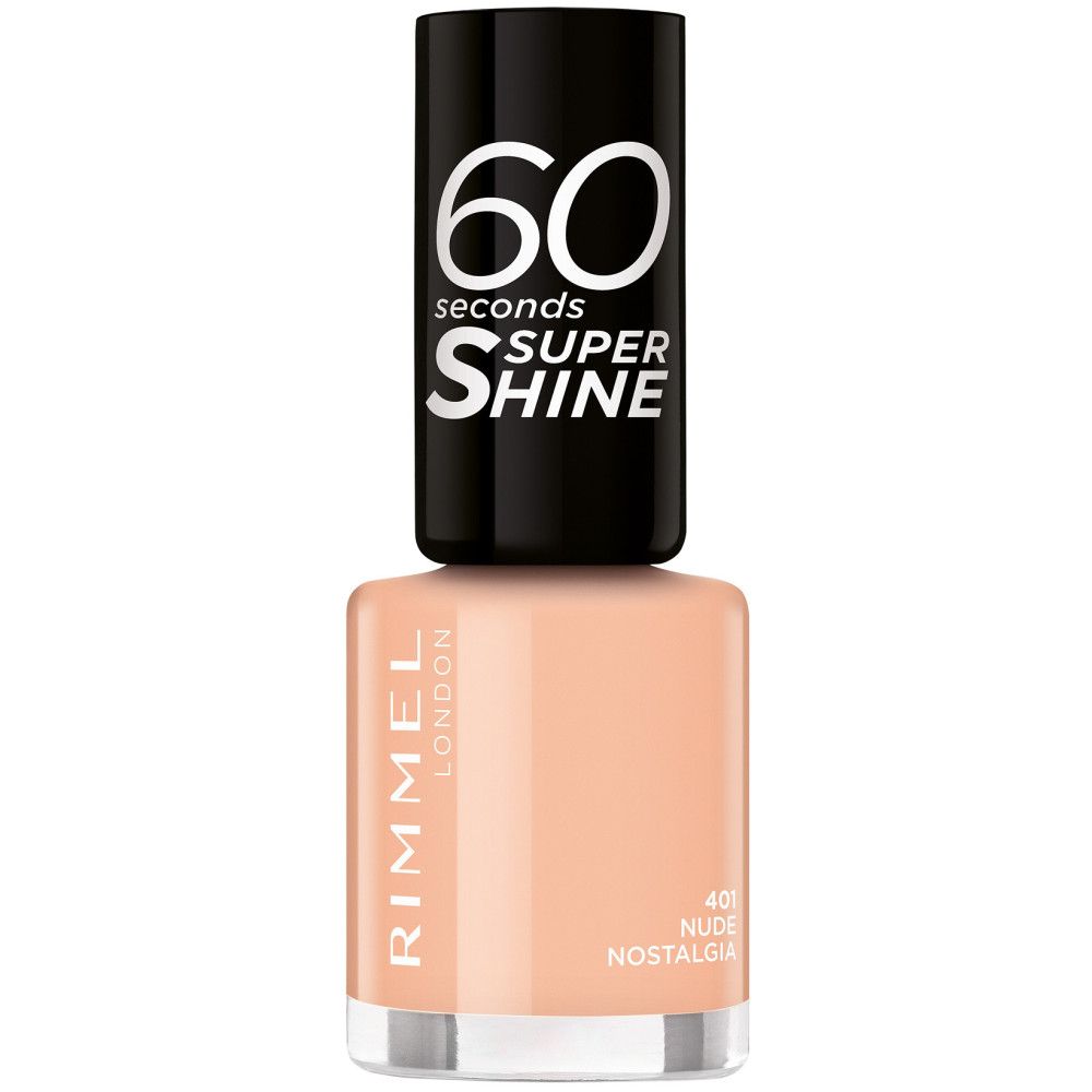 Nagellackflasche mit schwarzem Deckel. Aufschrift: 60 Sekunden Super Shine. Farbe: Nude Nostalgia. Marke: Rimmel London.