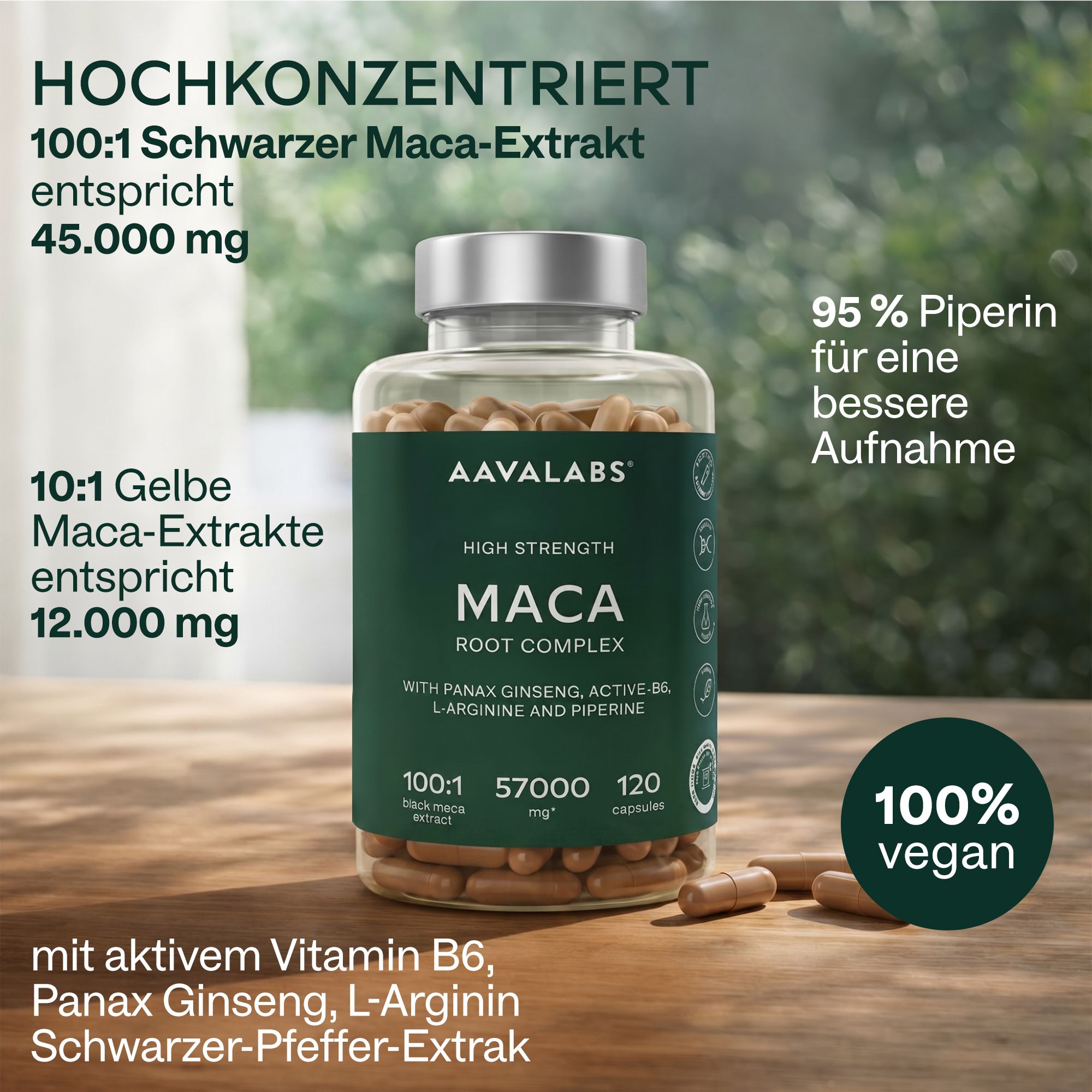 Flasche mit Maca-Kapseln, hervorgehobene Vorteile wie 100:1 Extrakt, vegan.