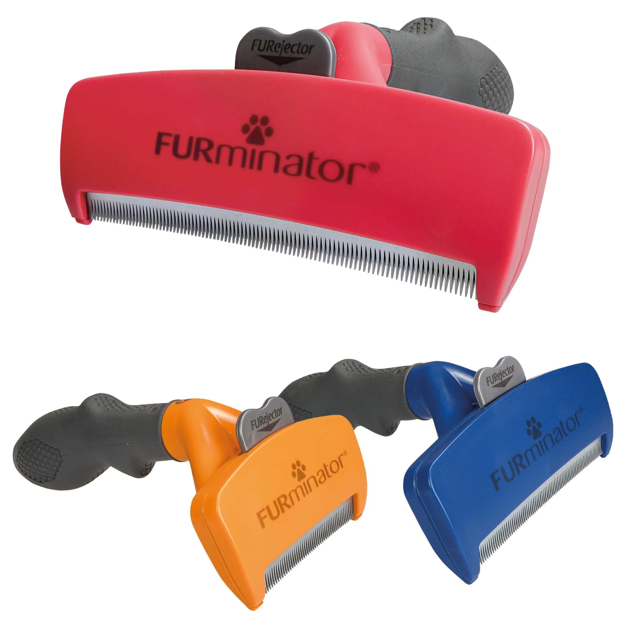 Mehrere FURminator-Bürsten. Rot, orange und blau. Ergonomischer Griff, Metallkamm. FUR-Rejector-Knopf.